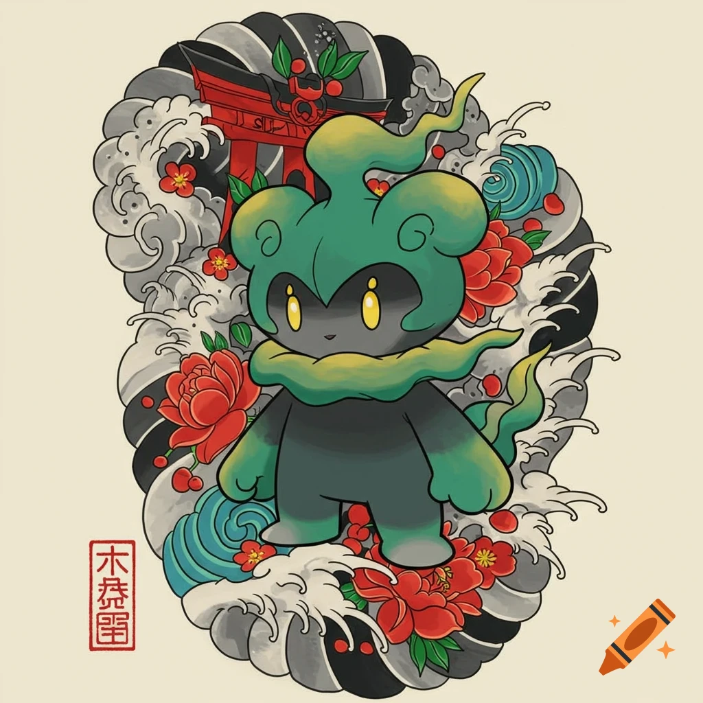 Illustration of Marshadow in Japanese tattoo style with waves, flowers, and a torii gate.