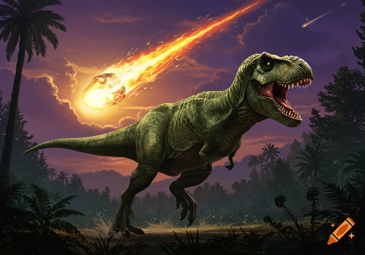 A Tyrannosaurus Rex runs from a fiery meteor crashing through a prehistoric jungle at sunset, painterly style.