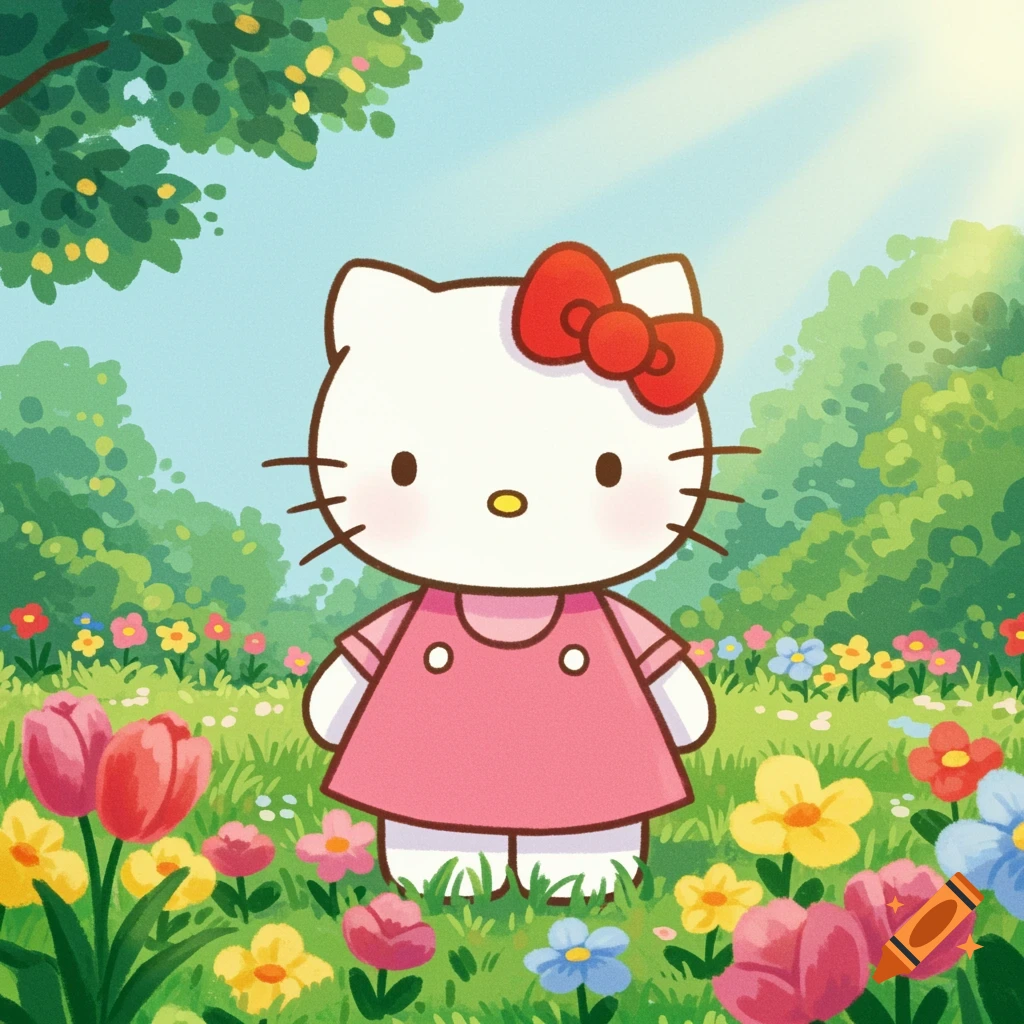 Hello Kitty stands in a sunny field of colorful flowers