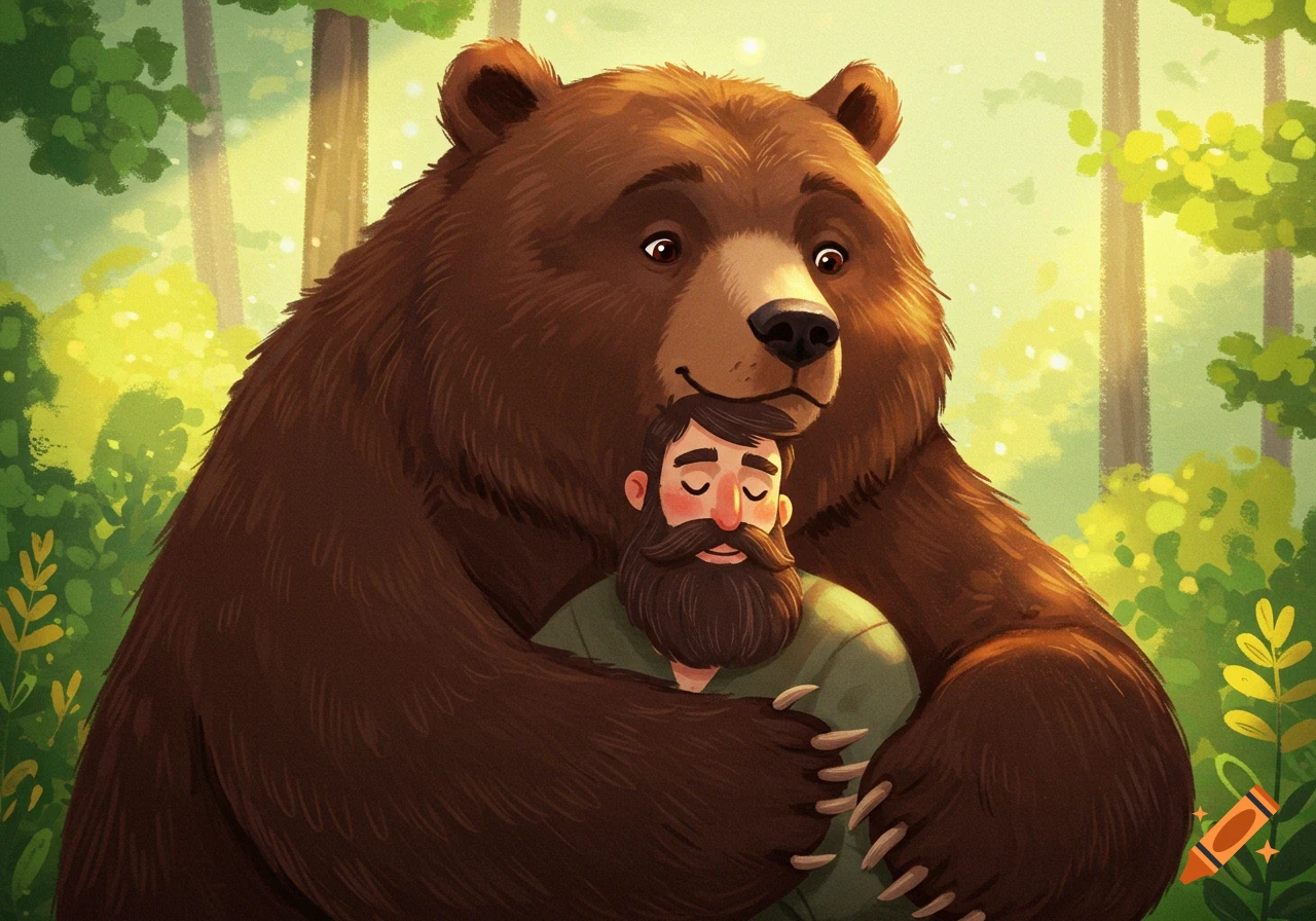 A brown bear hugs a bearded man in a forest in an illustrated style.