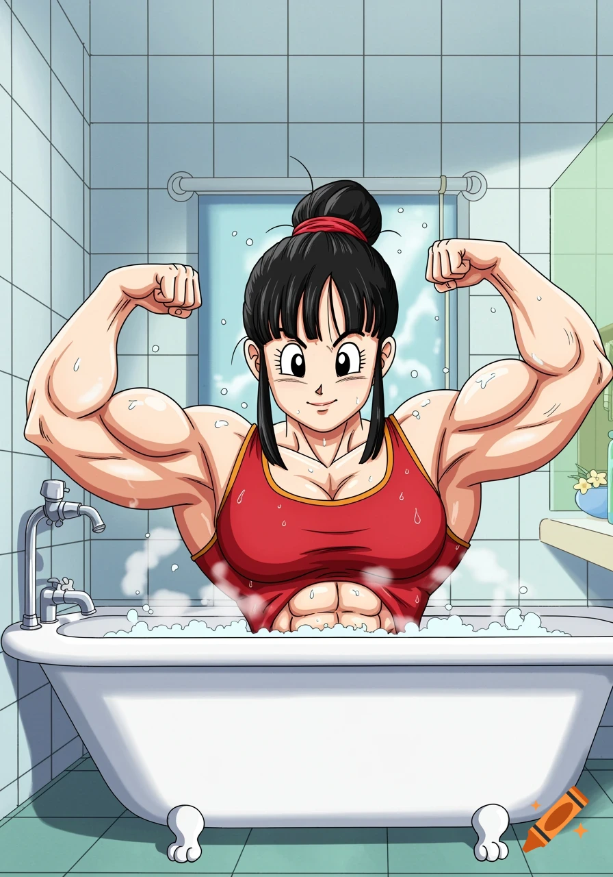 Anime style illustration of Chi Chi from Dragon Ball flexing muscles in a bathtub.