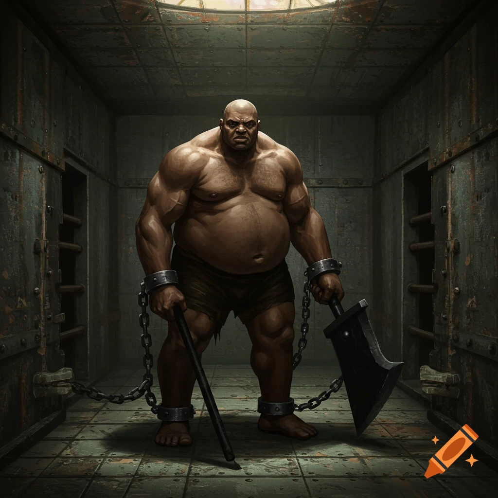 A large, muscular man in chains holds a club and an axe in a dark dungeon.