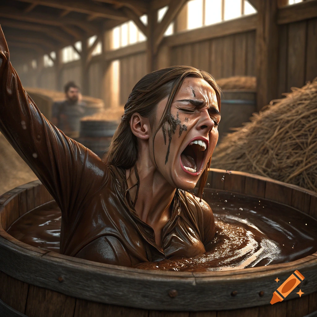 Woman screaming, stuck in a vat of dark, sticky substance in a barn, reaching up.