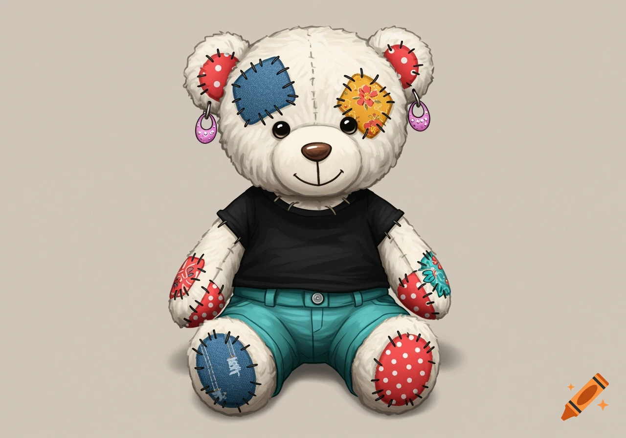 An illustration of a patched teddy bear wearing a black t-shirt, teal pants, and pink earrings.