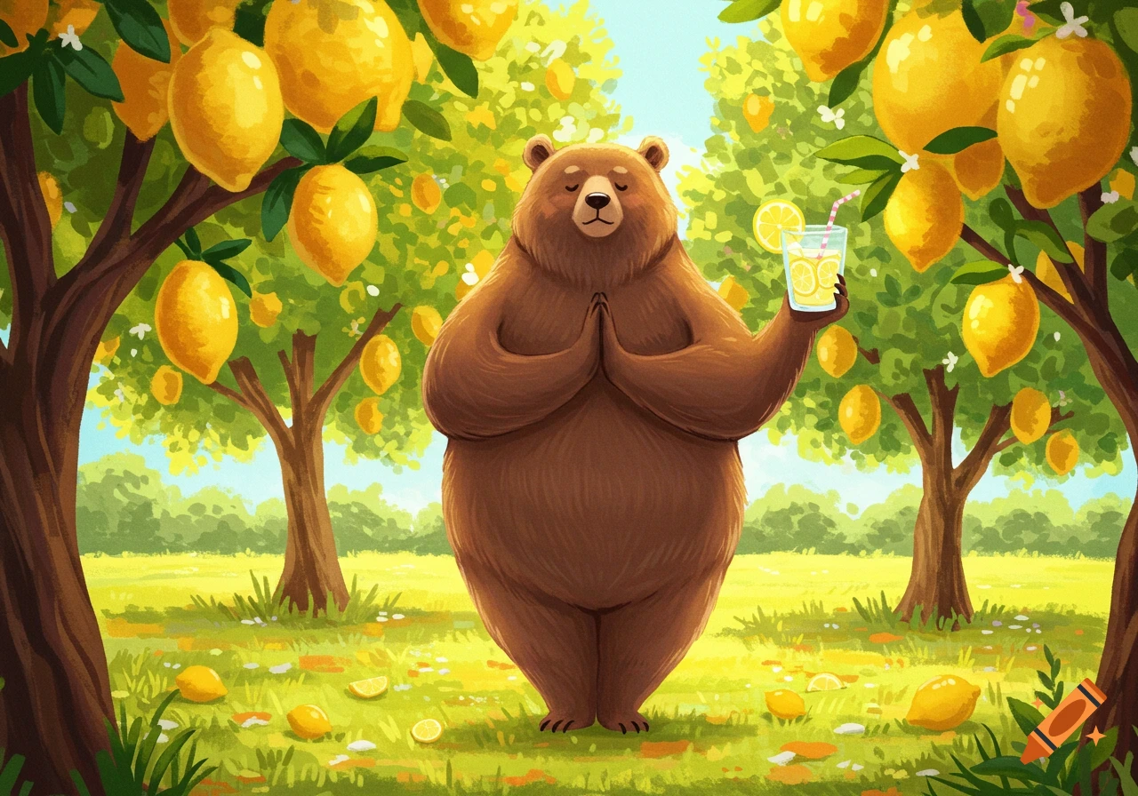 Cartoon bear in Namaste pose holds lemonade in a lemon grove.
