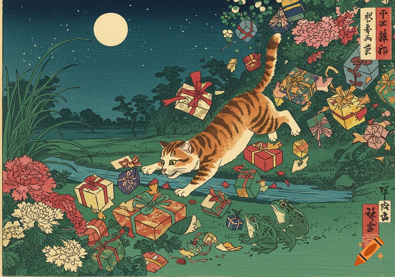 Ukiyo-e style depiction of a cat pouncing among scattered gifts under a full moon with frogs nearby.