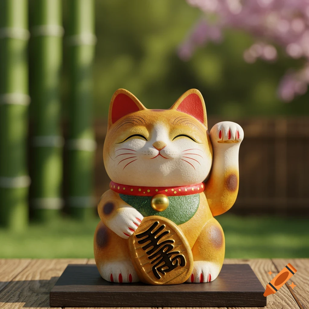 Close-up of a Maneki-neko lucky cat figurine holding a gold coin, with bamboo and cherry blossoms in the background.