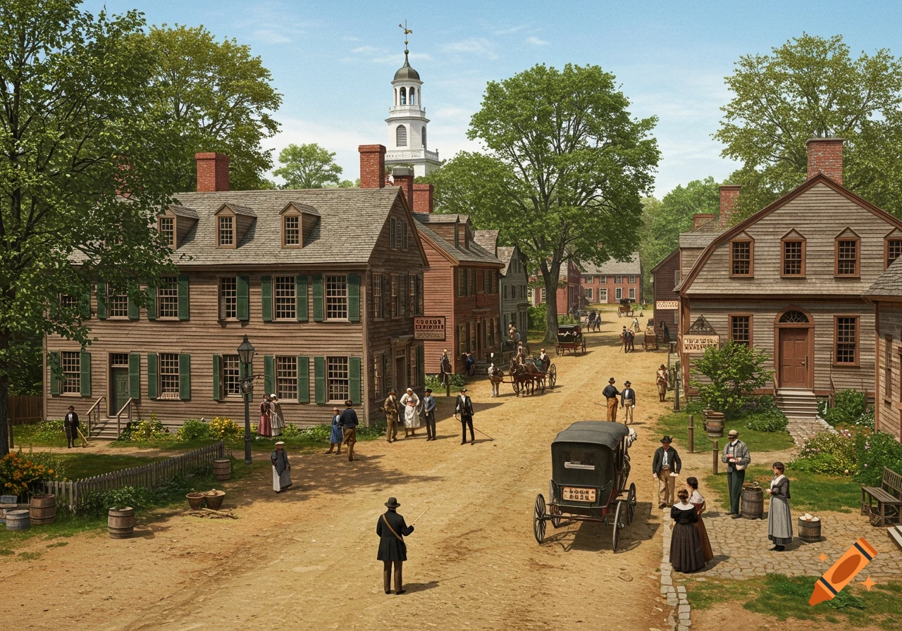 A bustling 19th-century town street scene with people, horse-drawn carriages, and buildings, depicting Concord Massachusetts.