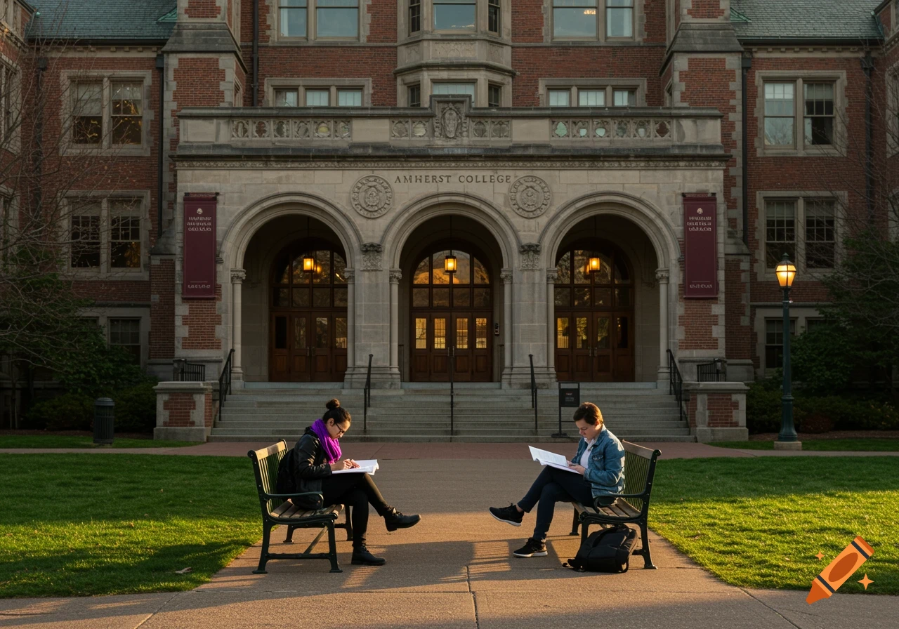 Students studying on benches in front of the Amherst College entrance. Photorealistic.