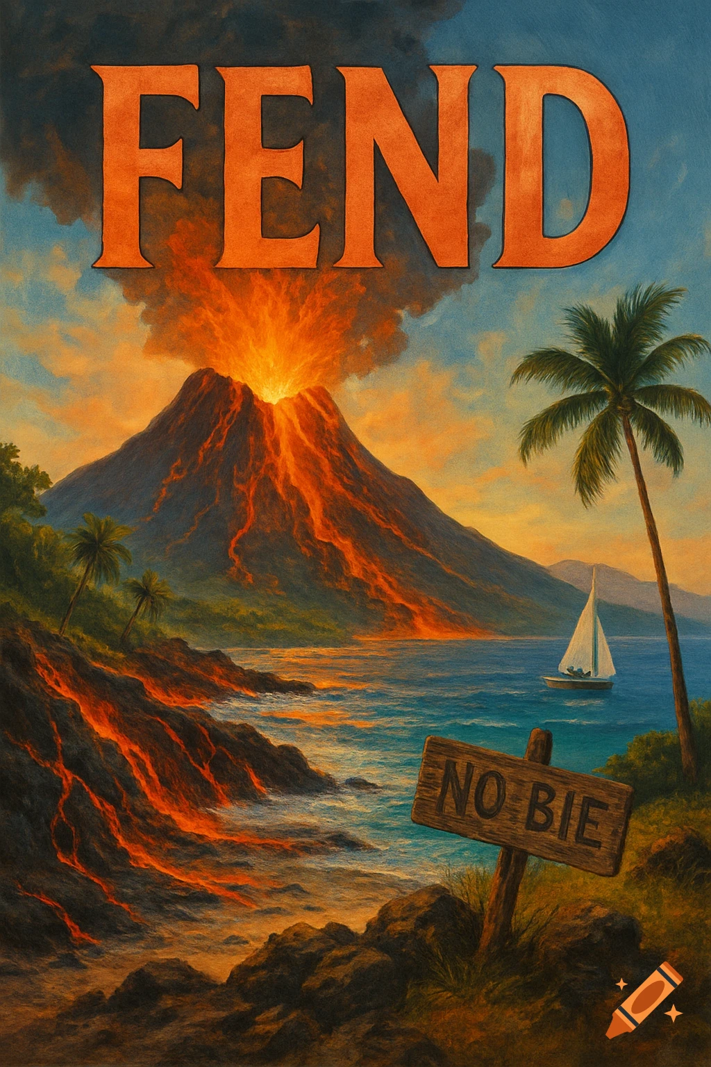 Illustration of erupting volcano with lava flowing into the ocean, a sailboat, palm trees, and text 'FEND' and 'NO BIE'.