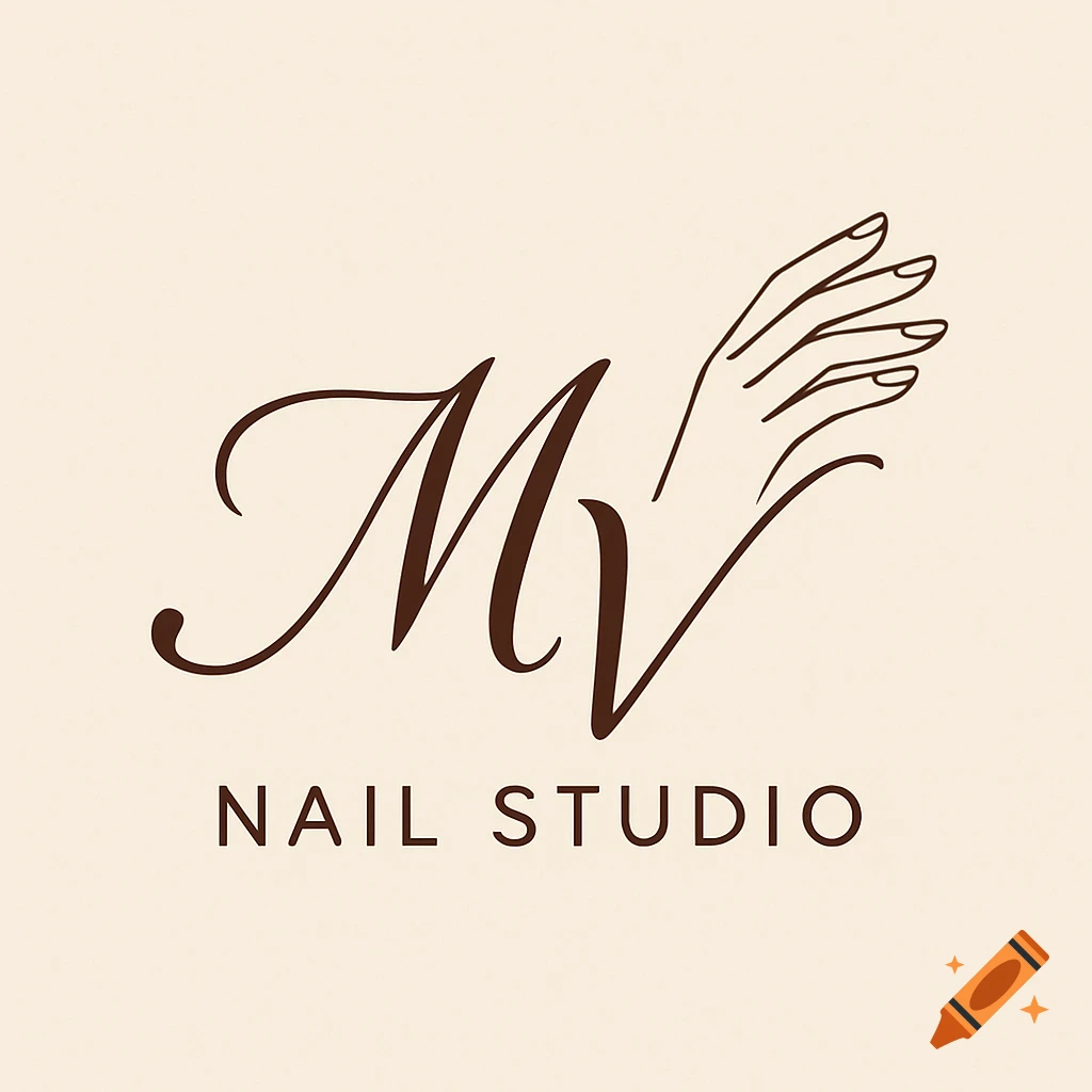 A logo with the letters MV in script, a hand, and the text NAIL STUDIO.