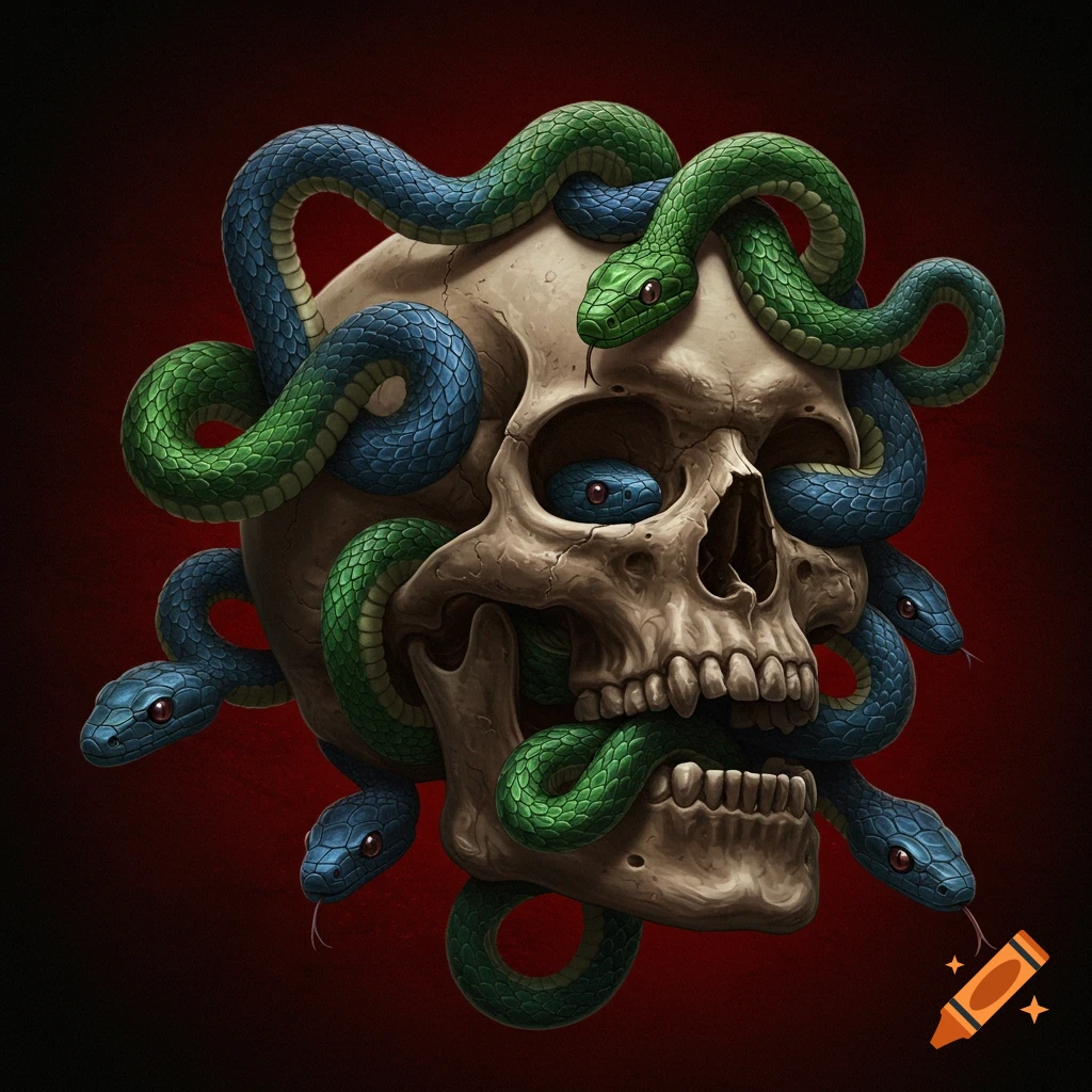 Illustrative skull with blue and green snakes wrapped around it on a dark red background.