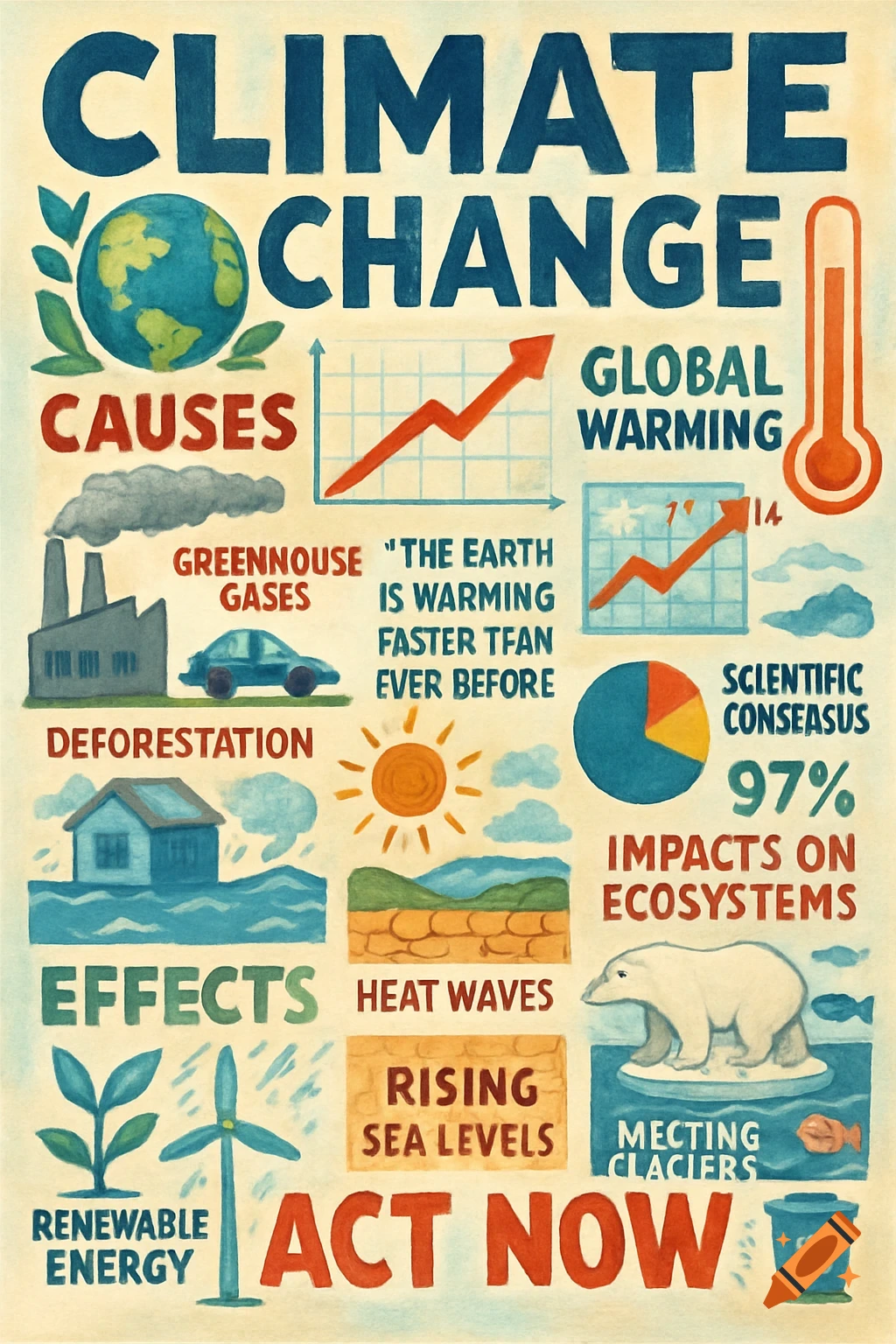 Hand-drawn style climate change poster with text, charts, and illustrations of causes and effects like global warming, deforestation, heat waves, rising sea levels, and melting glaciers.