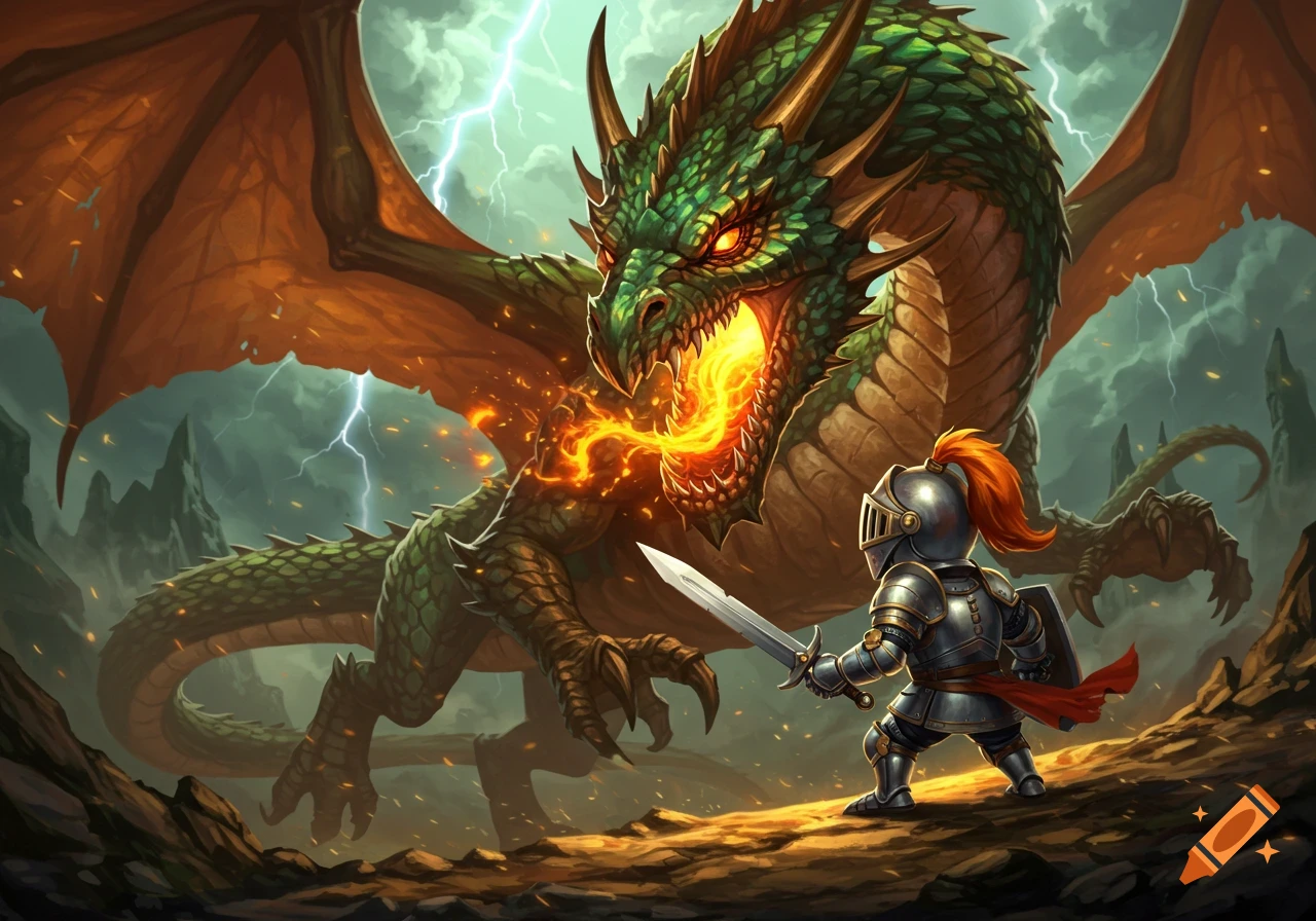 A small knight faces off against a fire-breathing dragon in a dramatic fantasy illustration.