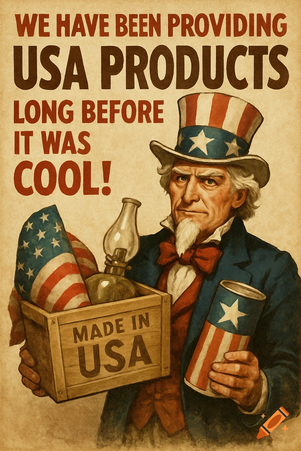 Vintage style patriotic poster of Uncle Sam with Made in USA products crate.