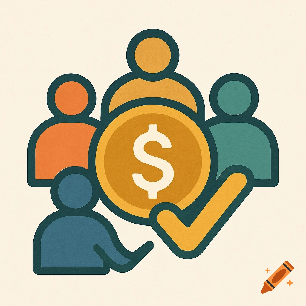 Stylized icon of four abstract people figures around a large gold coin with a dollar sign and a checkmark.
