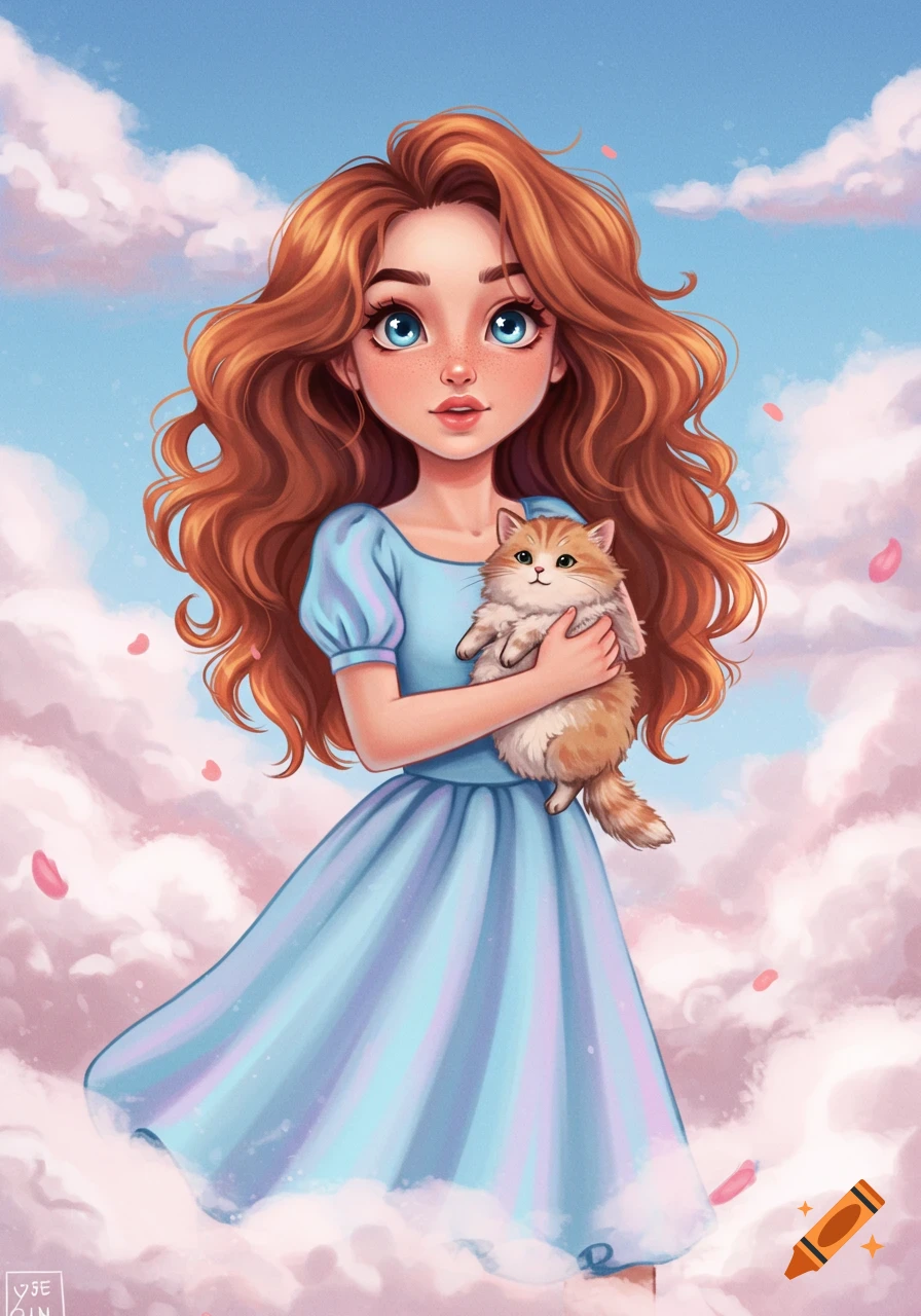 Illustration of a girl with red hair holding a cat in the sky with clouds and petals.