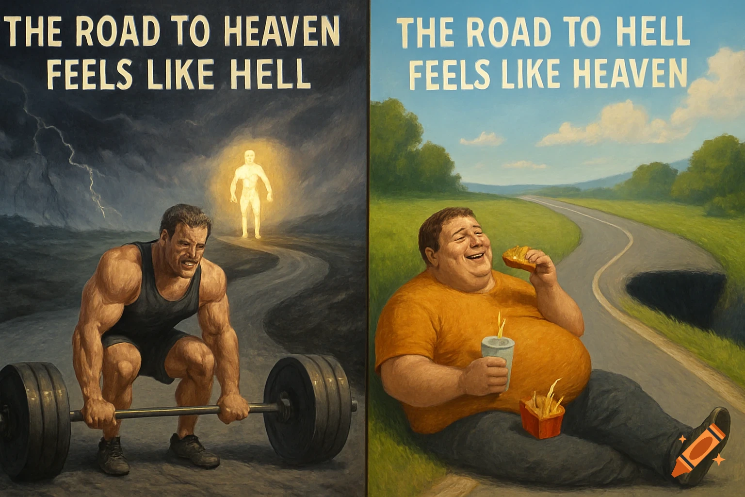 Split image: Struggling weightlifter on dark road to 'Heaven' vs. happy person eating fast food on sunny road to 'Hell'.