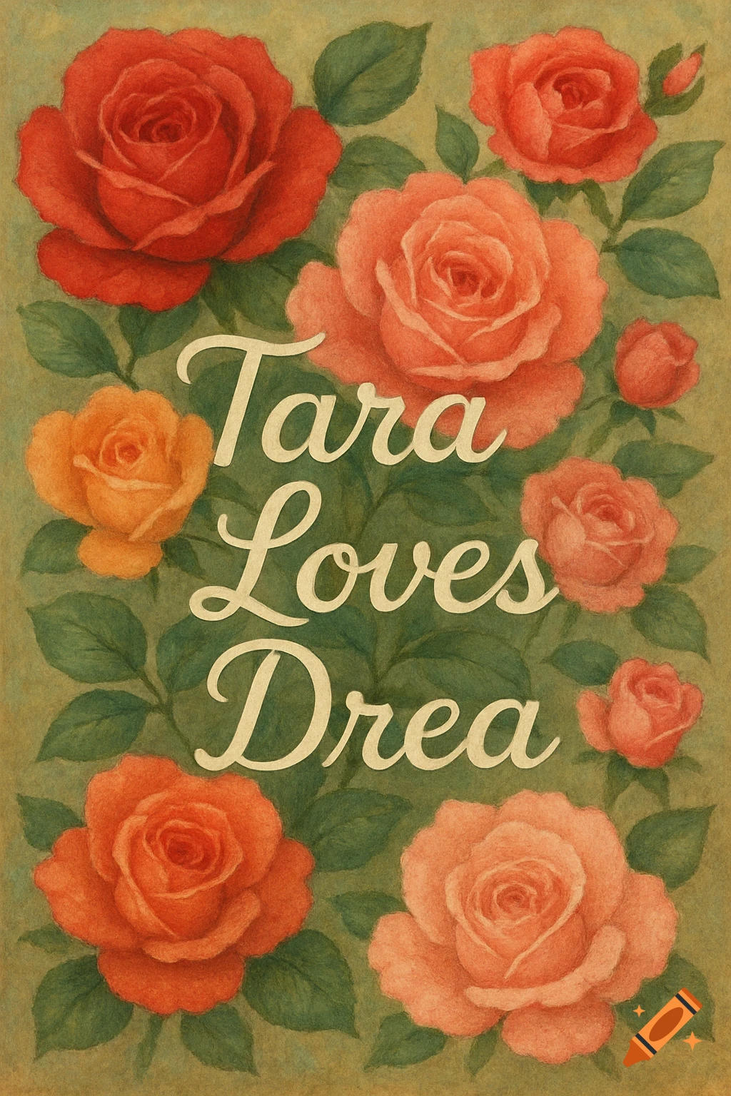 Text "Tara Loves Drea" surrounded by red and orange roses.