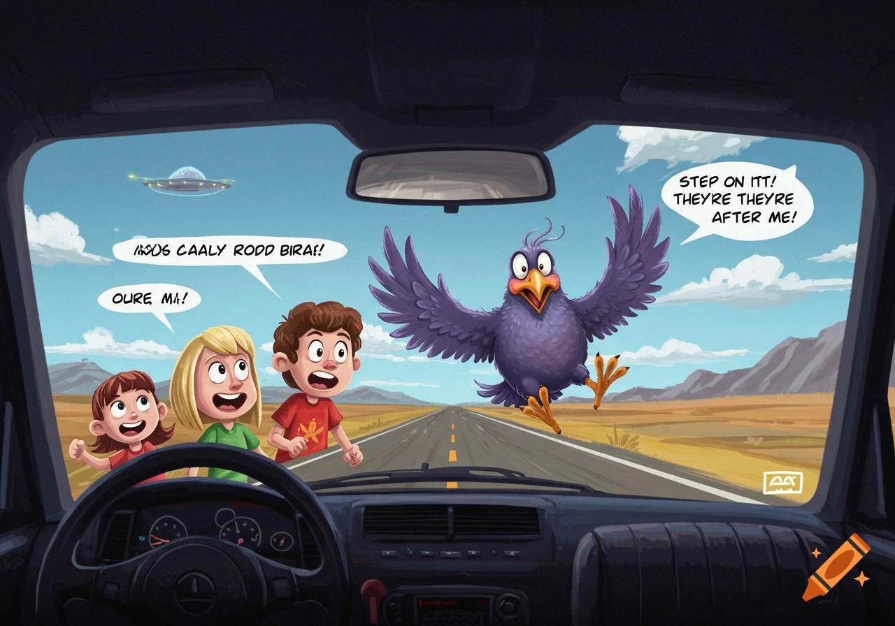 Cartoon illustration of kids in a car looking at a giant bird and a UFO chasing them.