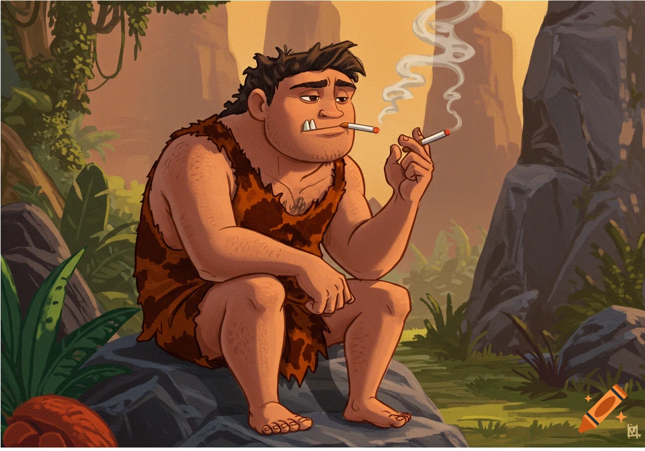 Cartoon caveman sits on a rock smoking cigarettes.