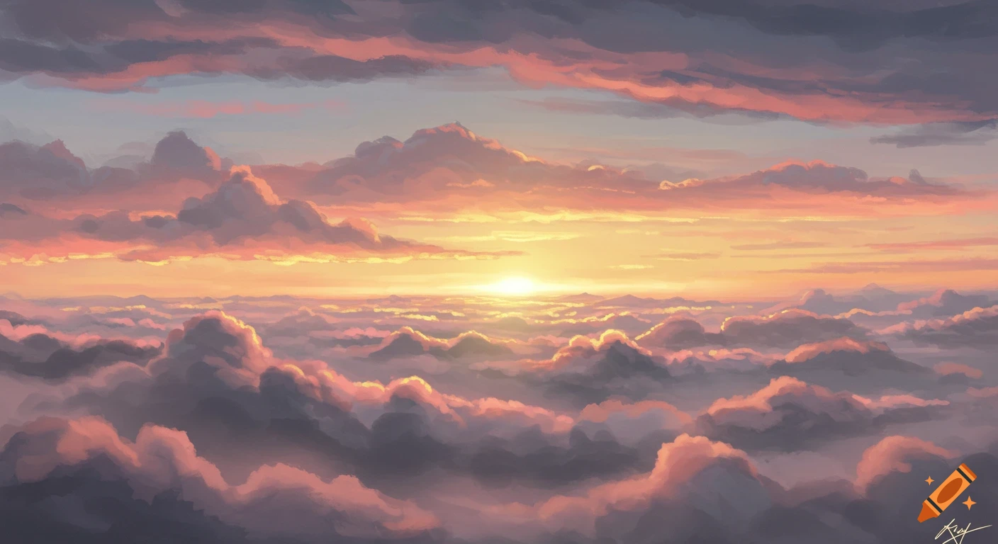 Painted view of clouds at sunset with warm pink and orange light