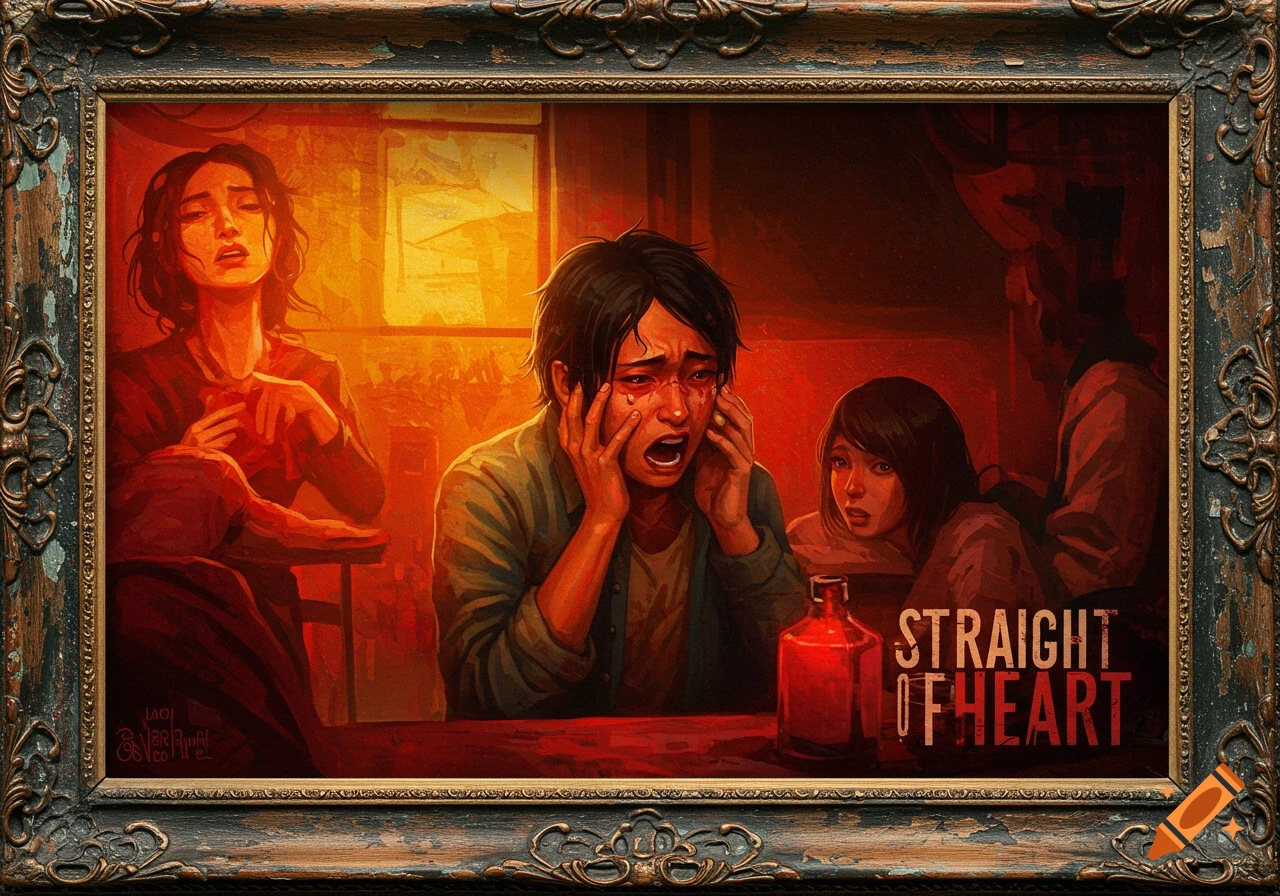 A painting of distressed people crying, with dramatic lighting, in an ornate frame.