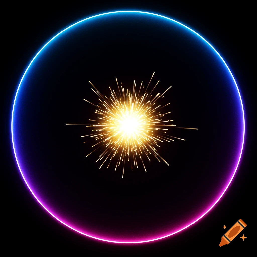 A golden spark bursts inside a glowing blue and purple circle on a black background.