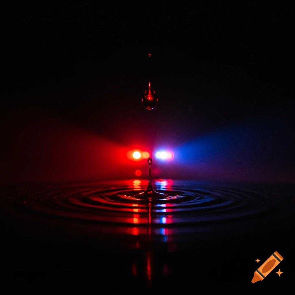 A water drop falls into dark water, reflecting red and blue lights in the background.