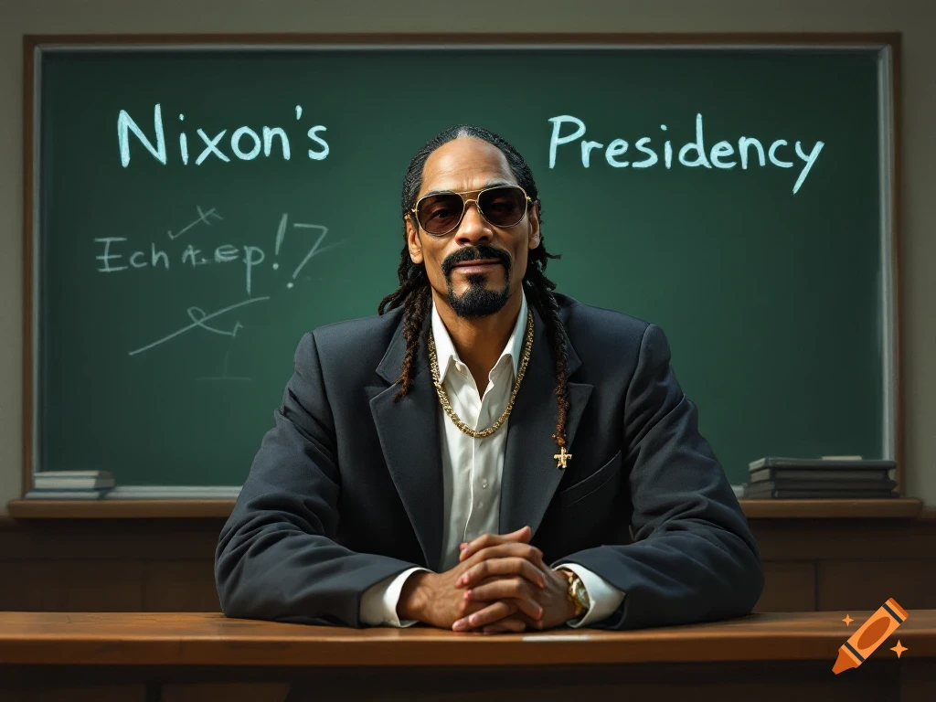Snoop Dogg dressed as a teacher sits at a desk in a classroom with 'Nixon's Presidency' on the chalkboard.