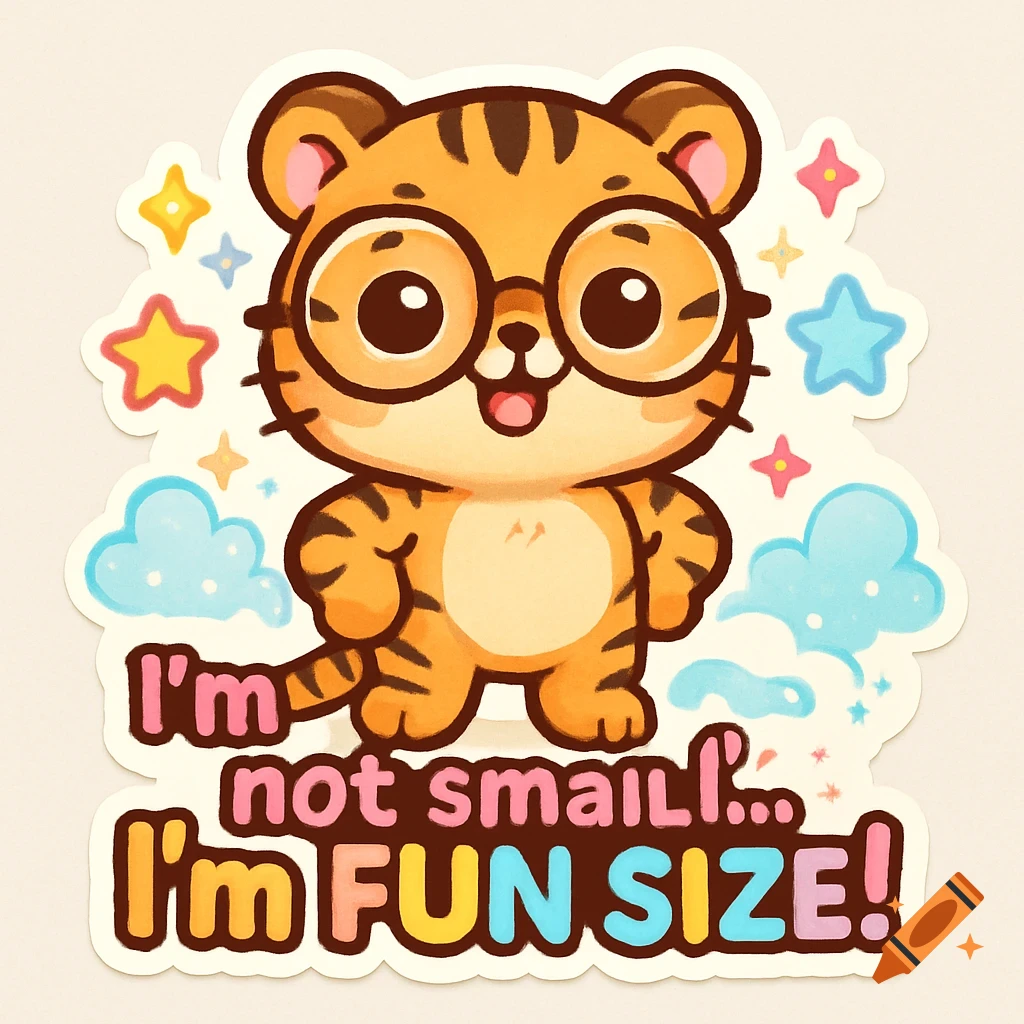 Cute cartoon tiger with glasses and text that reads 'I ’m not small… I ’m FUN SIZE!'