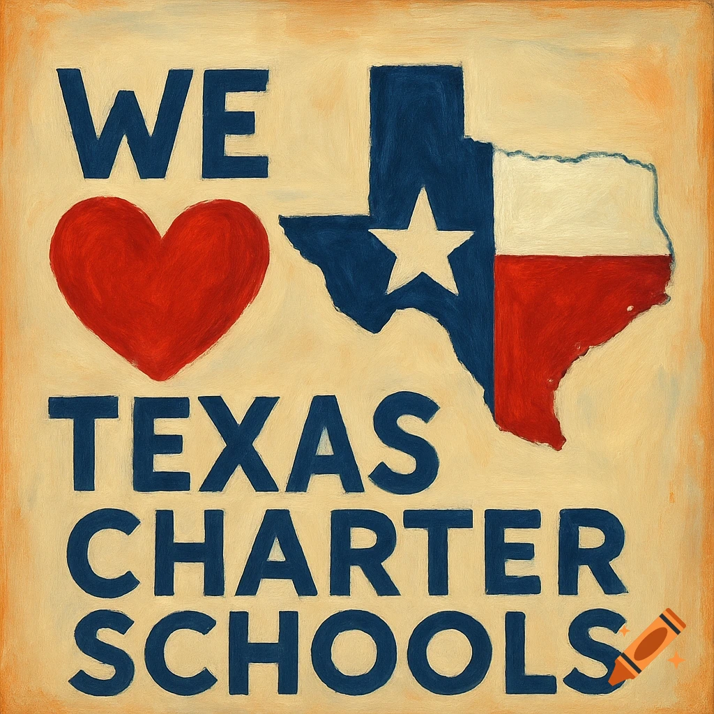 Painted illustration with text WE ❤️ TEXAS CHARTER SCHOOLS, a red heart, and the map of Texas with the state flag pattern.