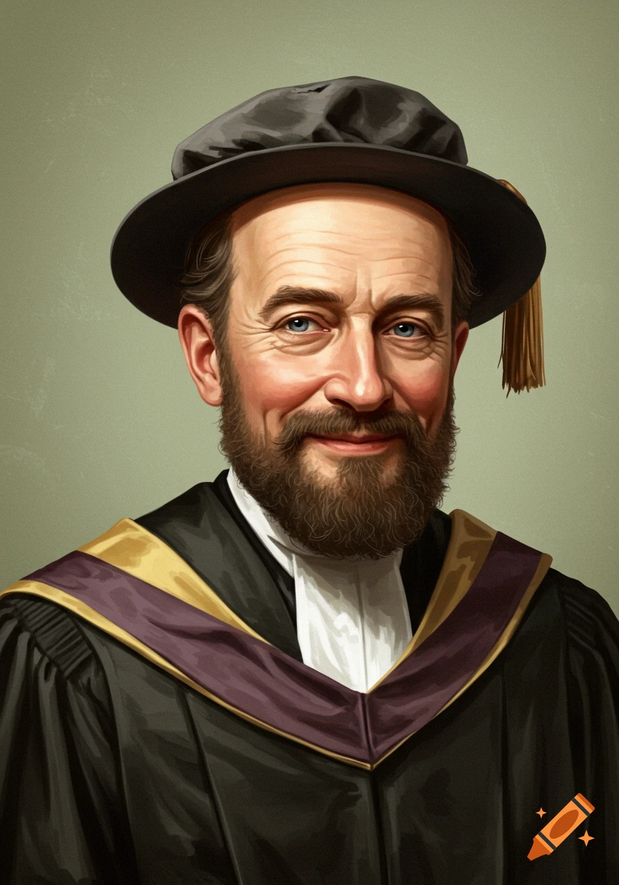 A painted portrait of a smiling bearded man wearing academic robes and hat.