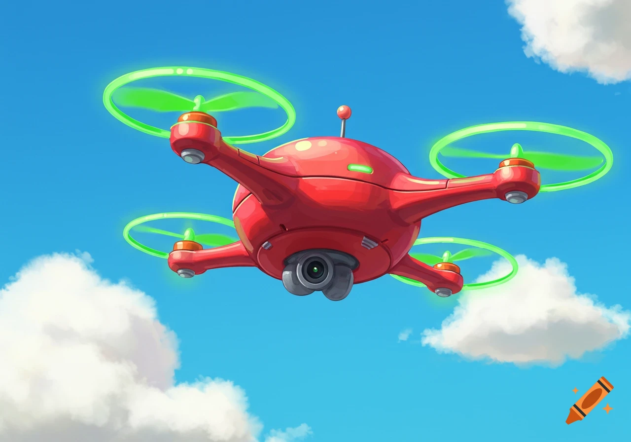 A red cartoon drone with glowing green propellers flies in a blue sky with clouds.