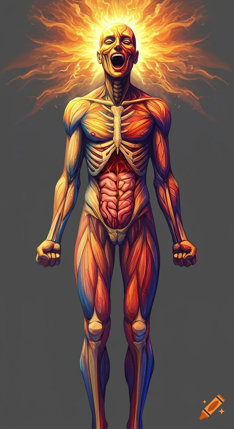 Stylized depiction of a human figure's muscular and skeletal anatomy with bright light emanating from its head and an open-mouthed expression.