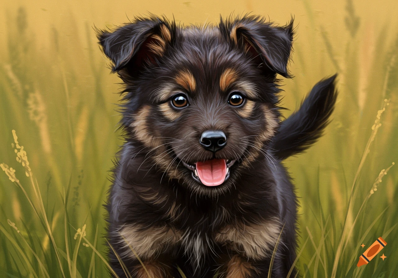 A cute puppy with black and tan fur sits in tall grass, digital painting style.