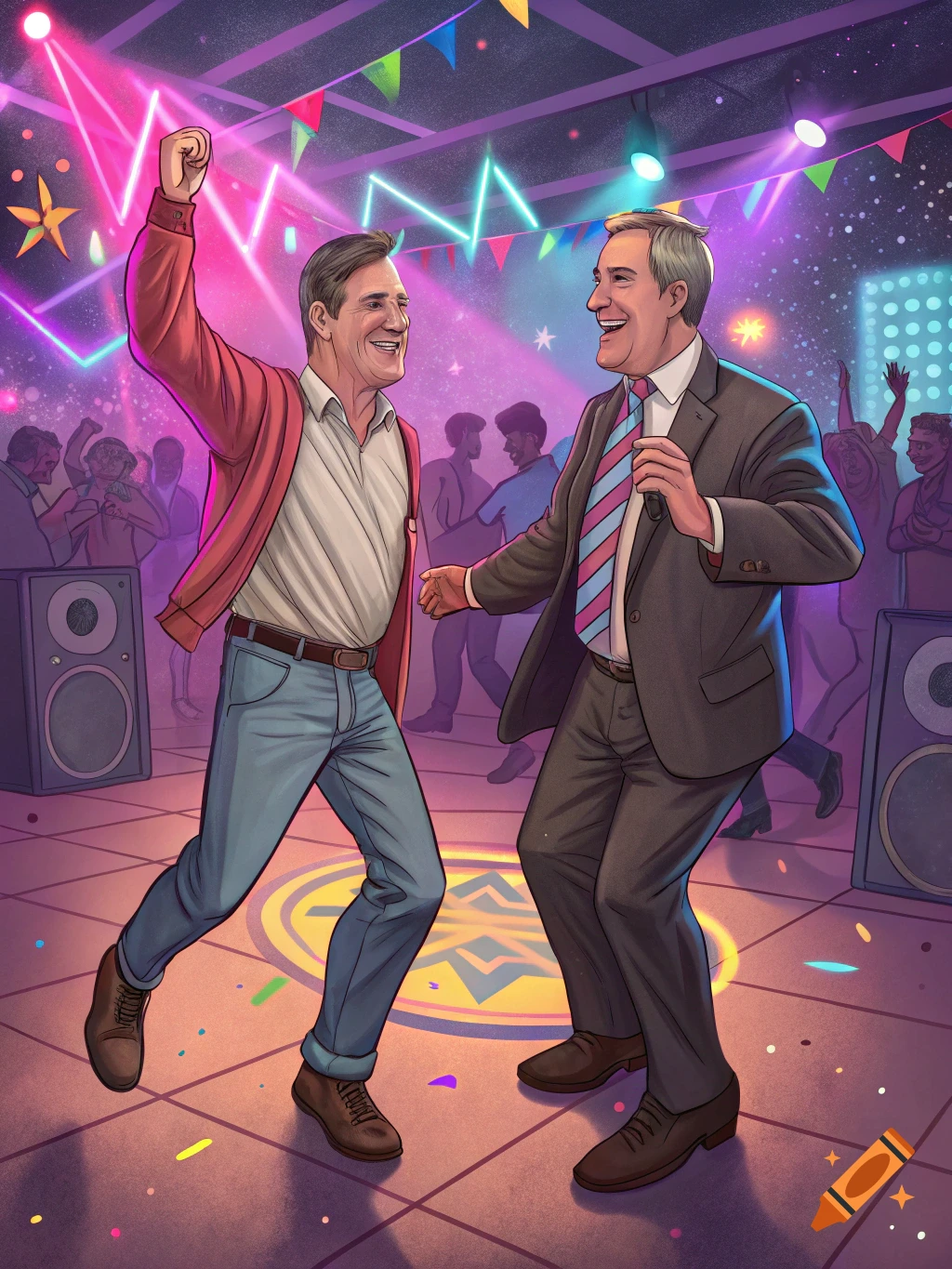 Illustration of two men resembling political figures dancing at a vibrant party or rave.