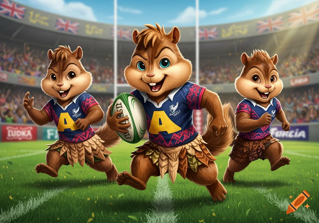 Three cartoon chipmunks in rugby uniforms play rugby in a stadium.