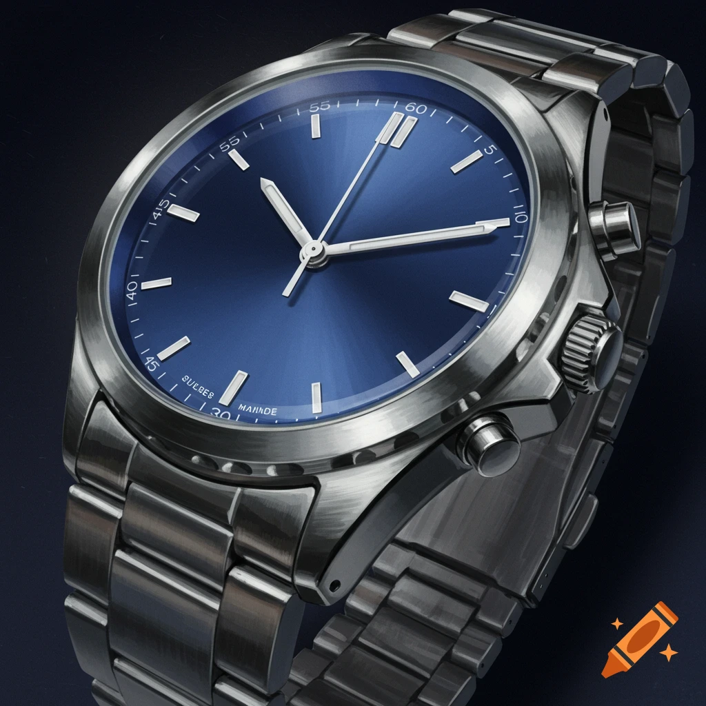 Close-up of a metal wristwatch with a blue face and white hands.