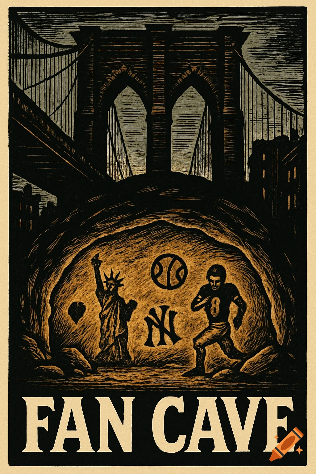 Woodcut poster of Brooklyn Bridge over a cave with NY sports and landmark symbols and 'FAN CAVE' text.