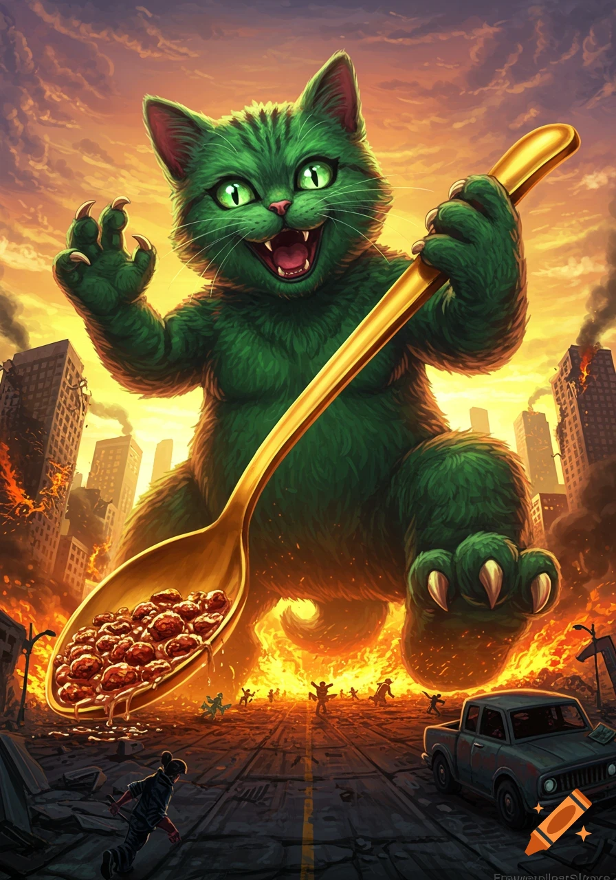 Giant green cat holds a spoon full of cereal over a destroyed city as people run below.