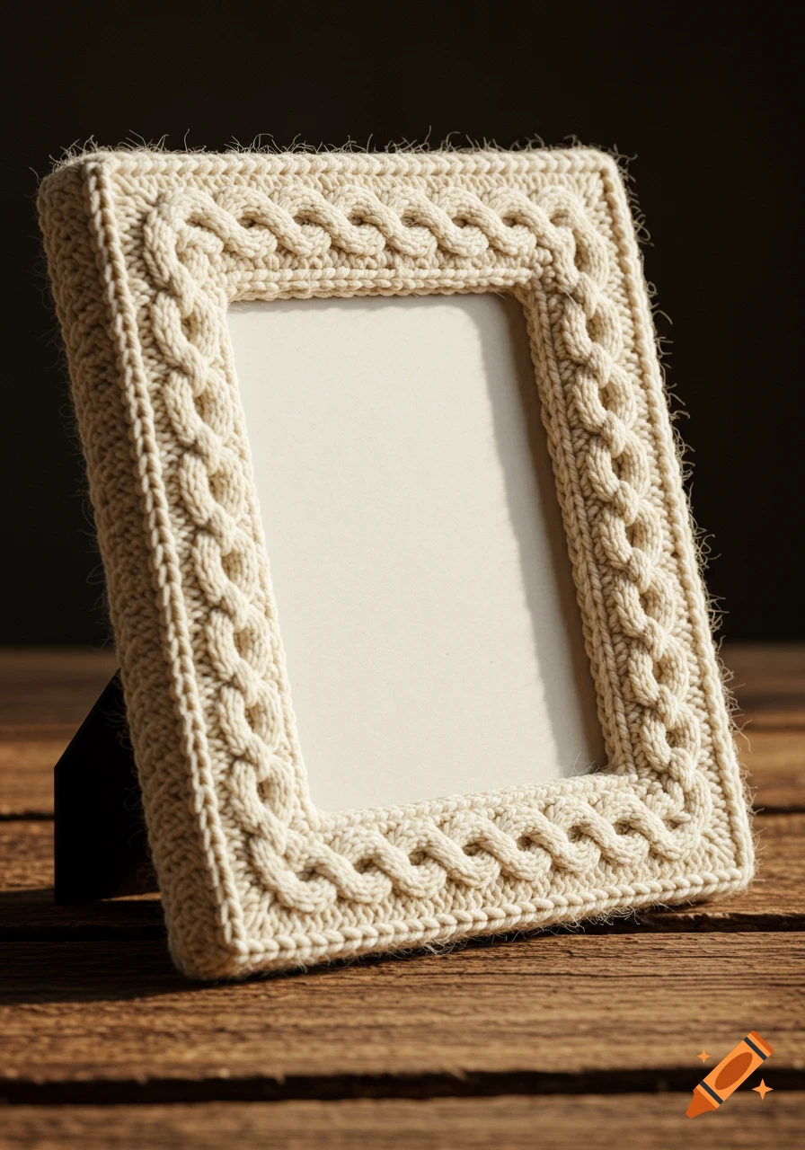 A cream-colored cable knit photo frame stands on a wooden surface with a dark background.