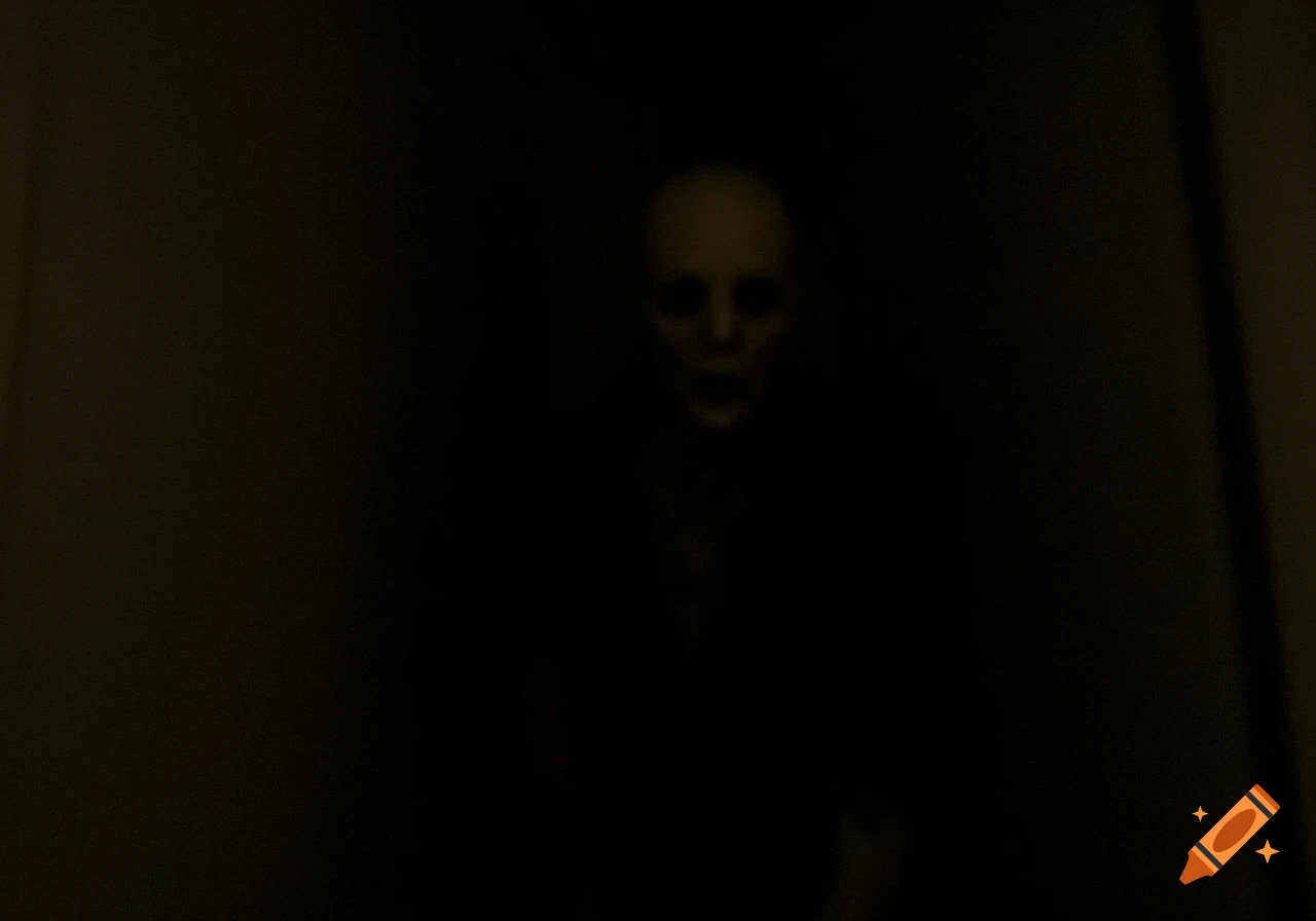 A blurry, creepy figure with a pale face emerges from darkness.