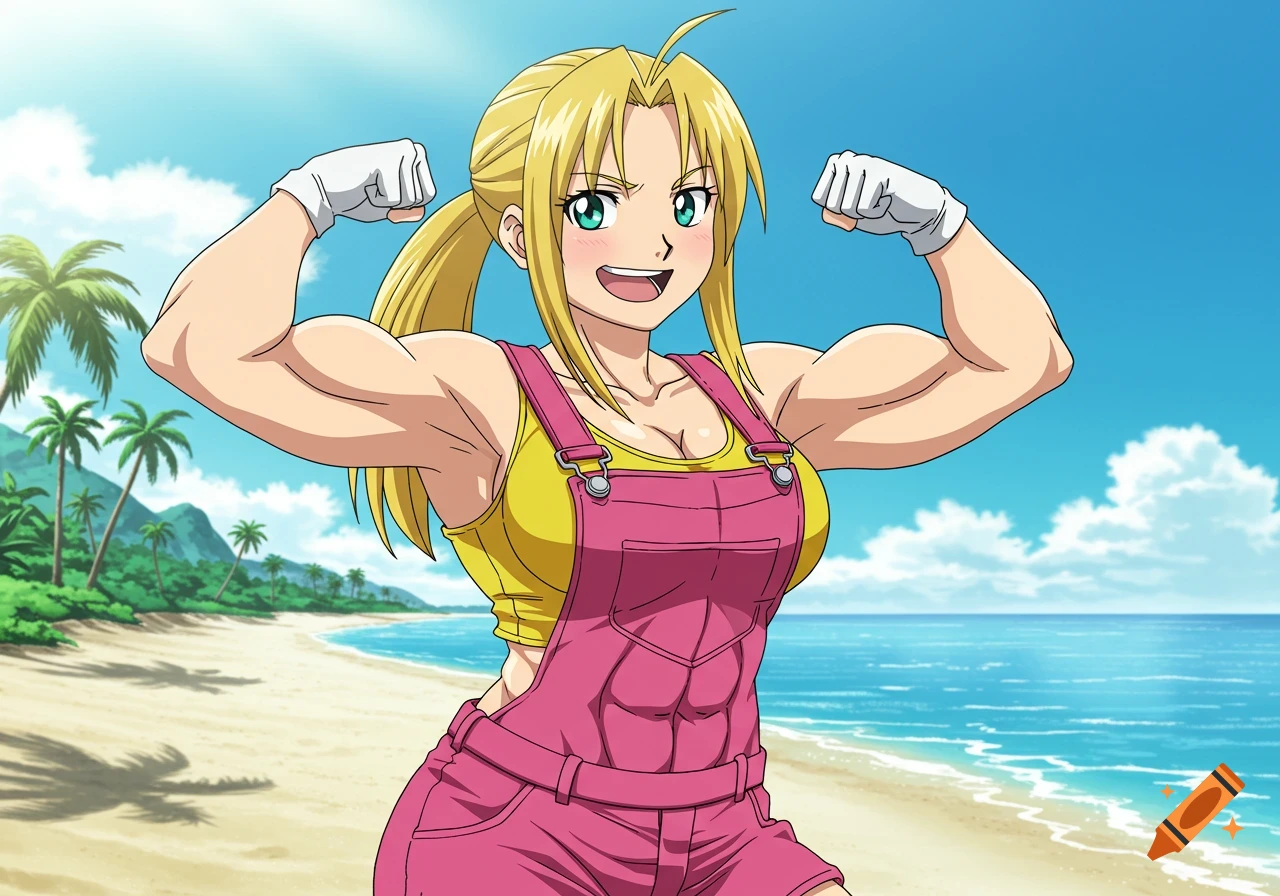 An anime woman with large muscles flexes on a sunny beach.