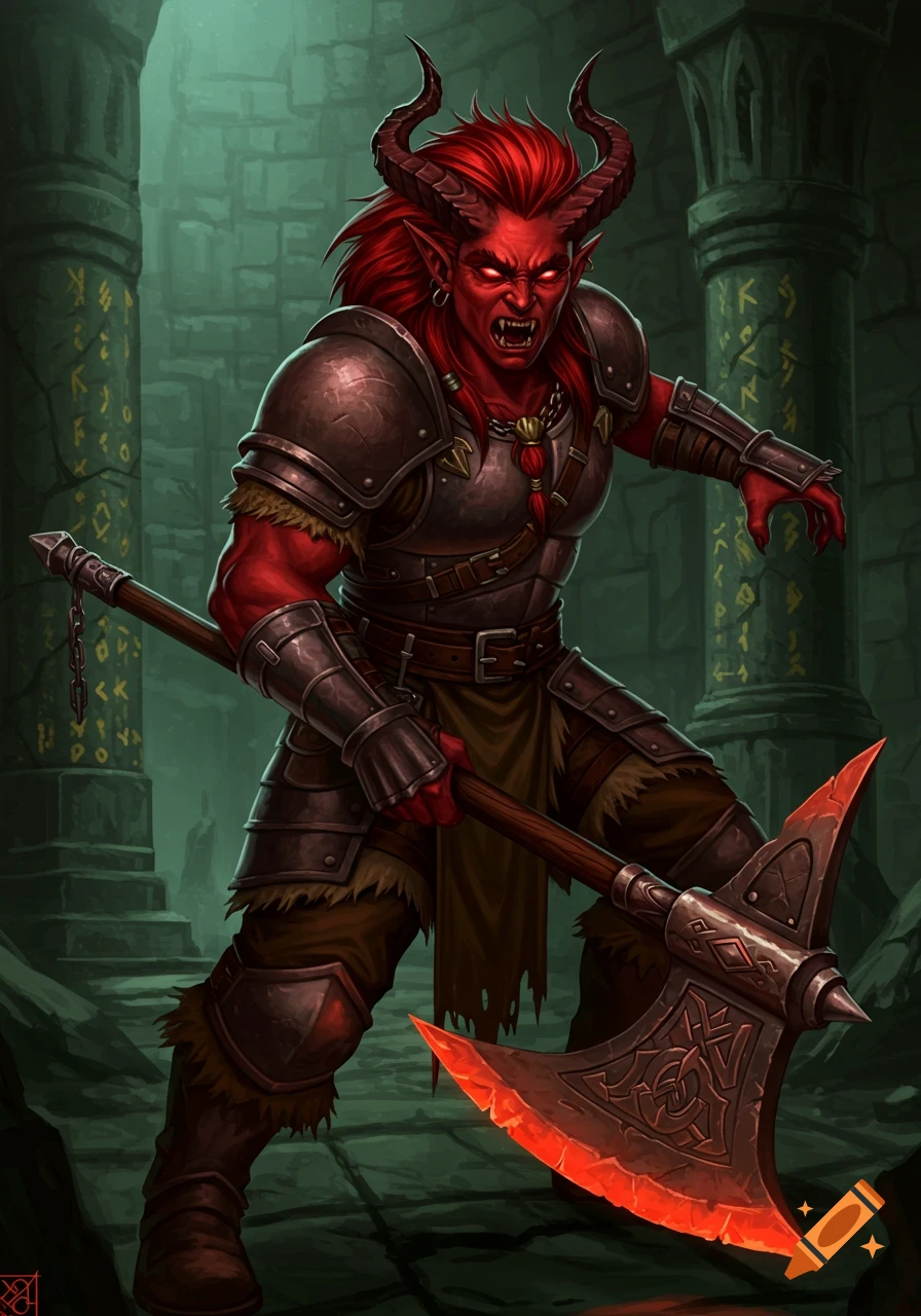 Red-skinned Tiefling barbarian with horns and armor holds a large axe in a dungeon.