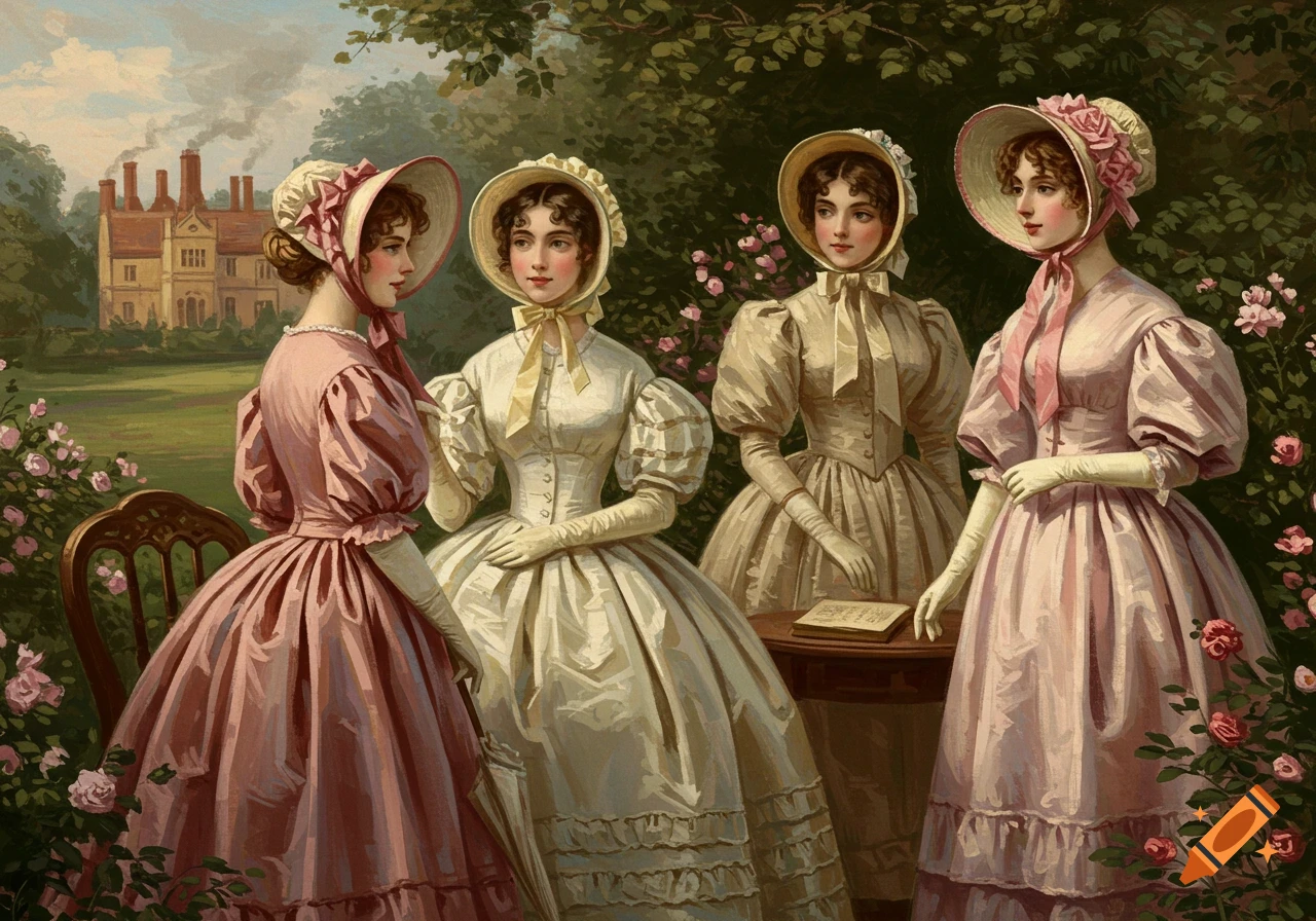 Four women in 1830s dresses and bonnets stand in a garden with a house in the background, painted style