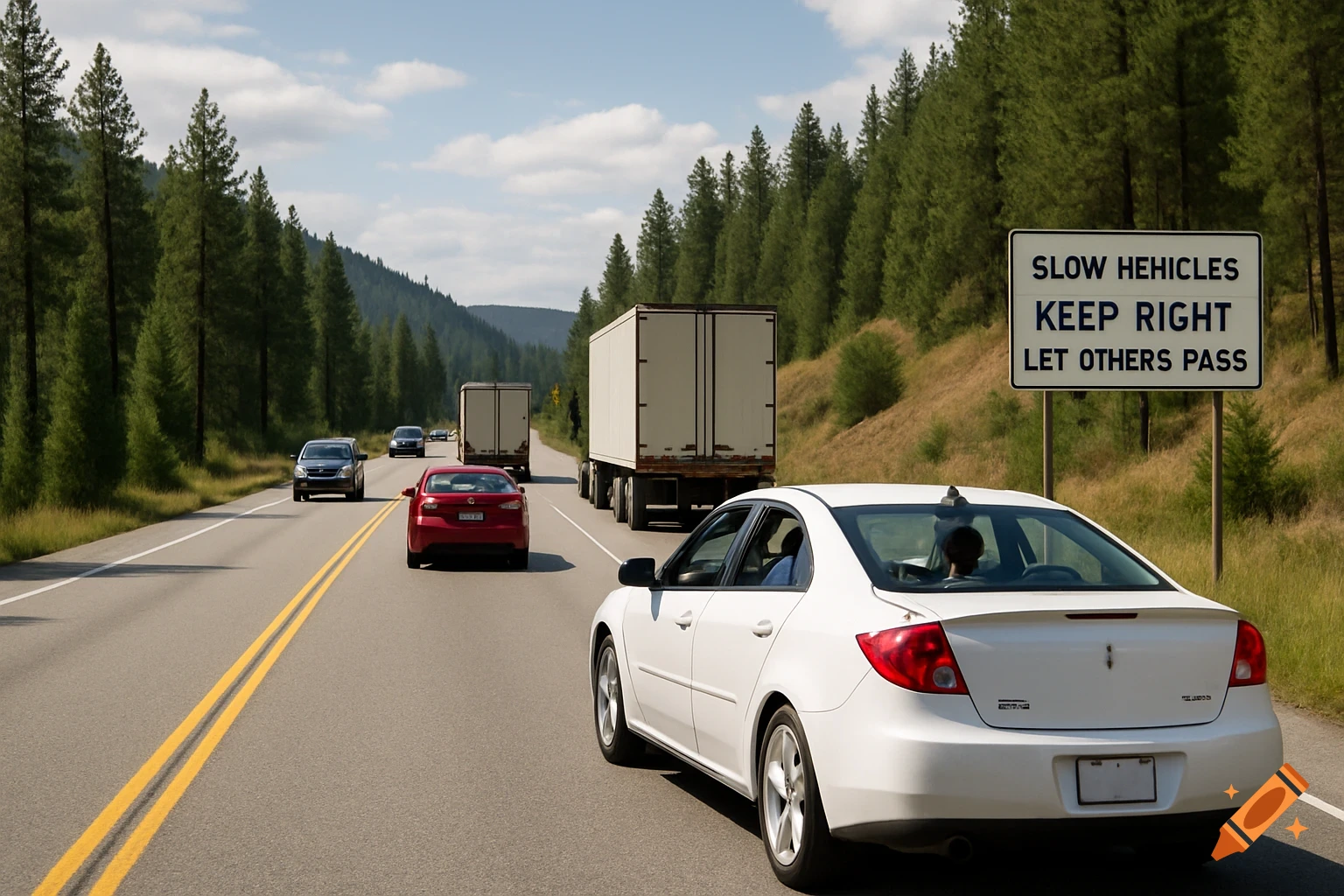 Cars and trucks drive on a highway through a forest landscape with a traffic sign.