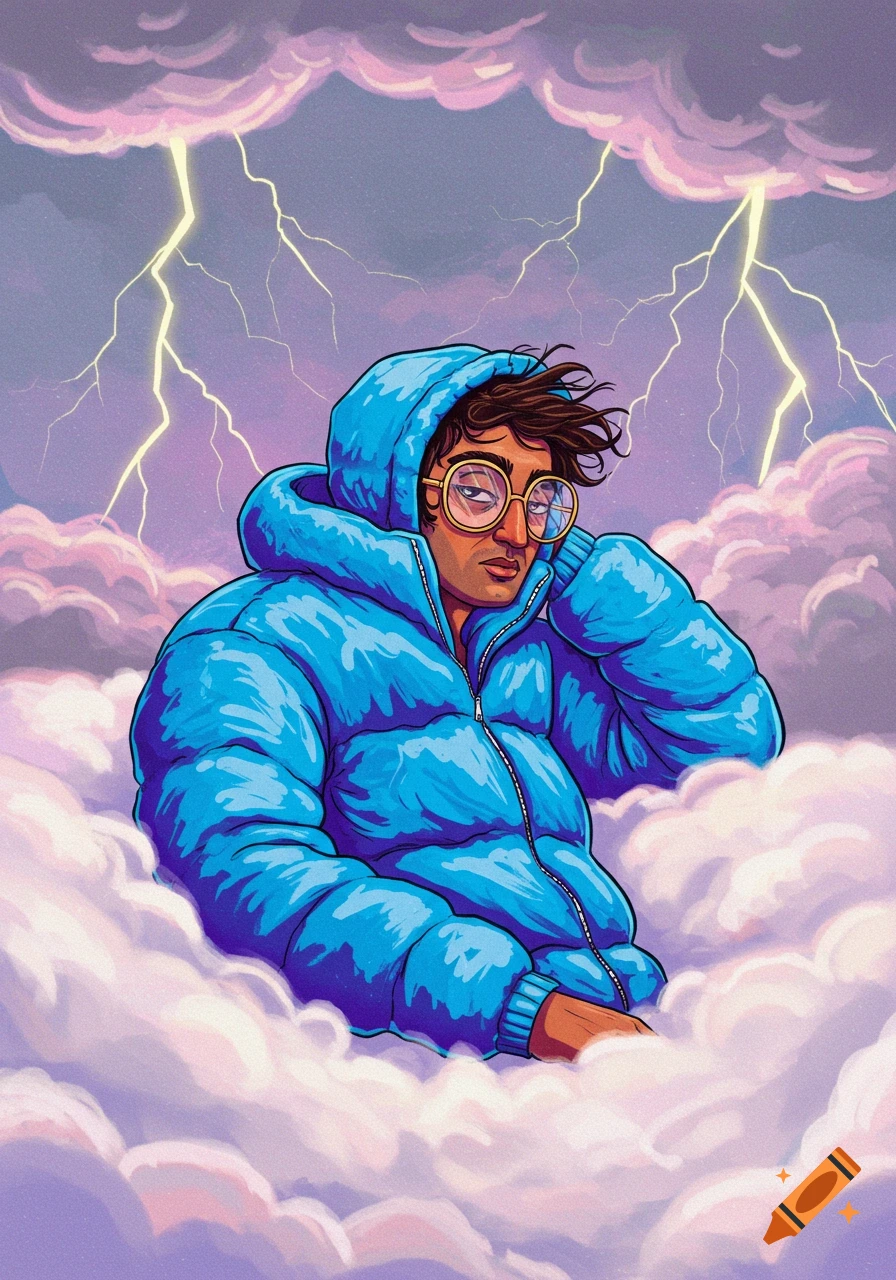 An illustration of a person with glasses and a blue puffer jacket sitting in clouds with lightning.