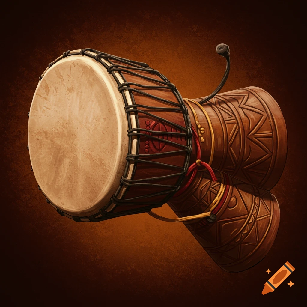 Illustrative close-up of an African drum with intricate carvings and lacing.