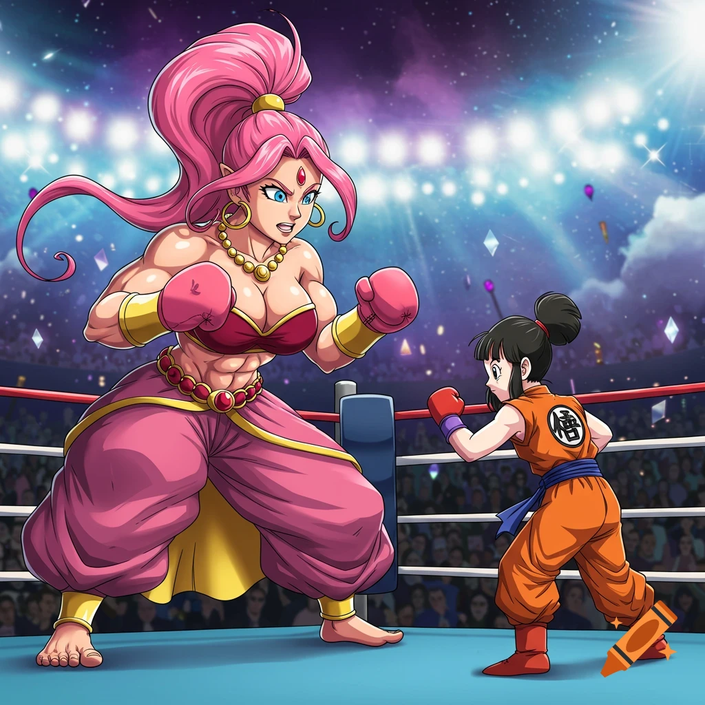 Anime style illustration of a large, muscular genie woman boxing against a smaller woman resembling Chi-Chi from Dragon Ball Z in a ring.